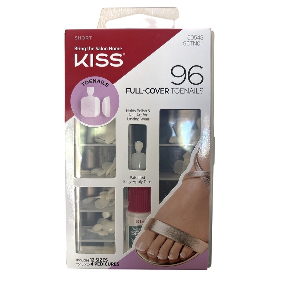 KISS Full‑Cover Toenails – Short, Clear – 96 Nails + Maximum Speed Glue – New